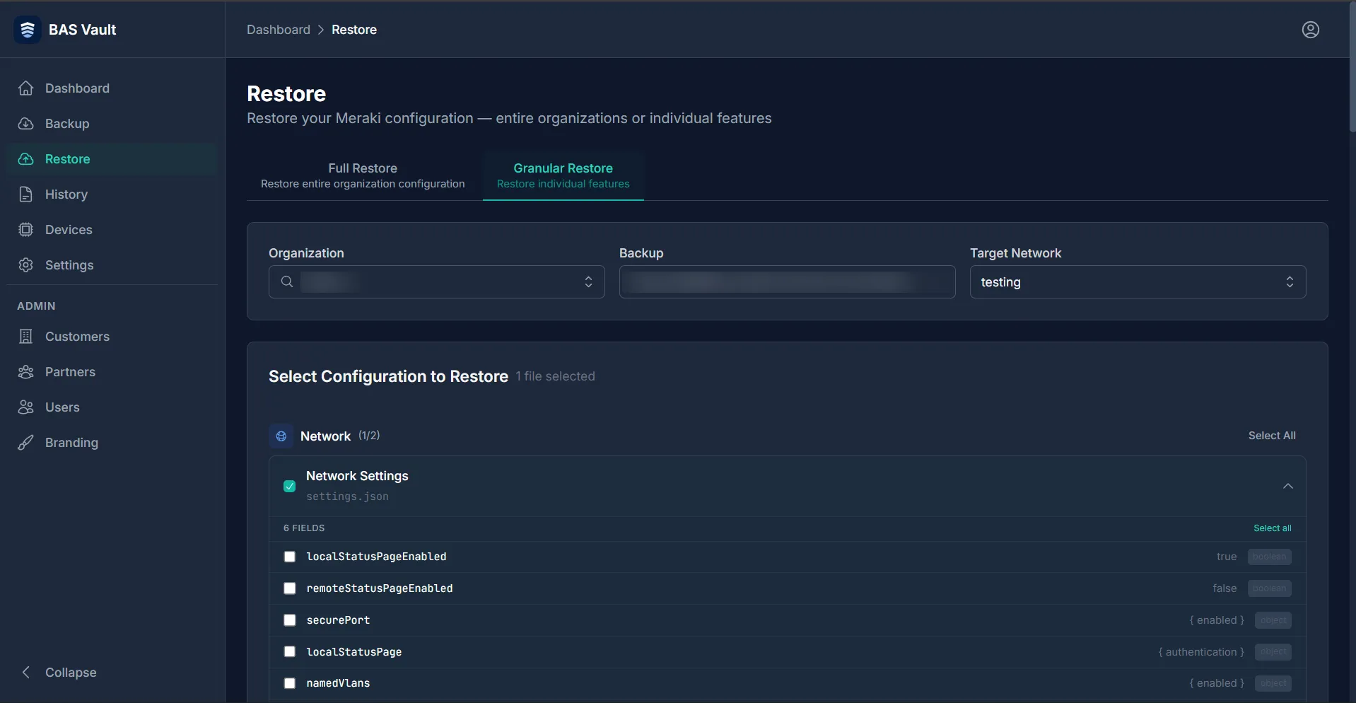 Granular Restore Interface