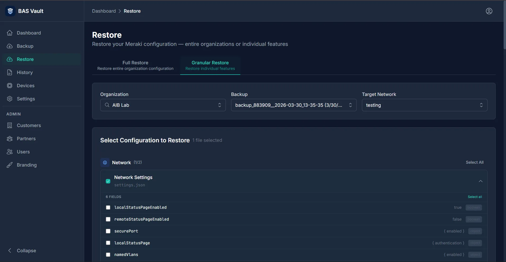 Granular Restore Interface