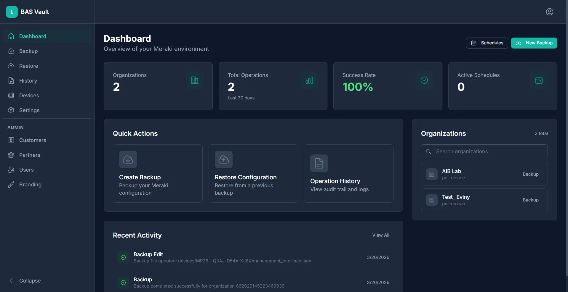 NET Backup Vault | Full network configuration backup dashboard showing 19+ Meraki config types