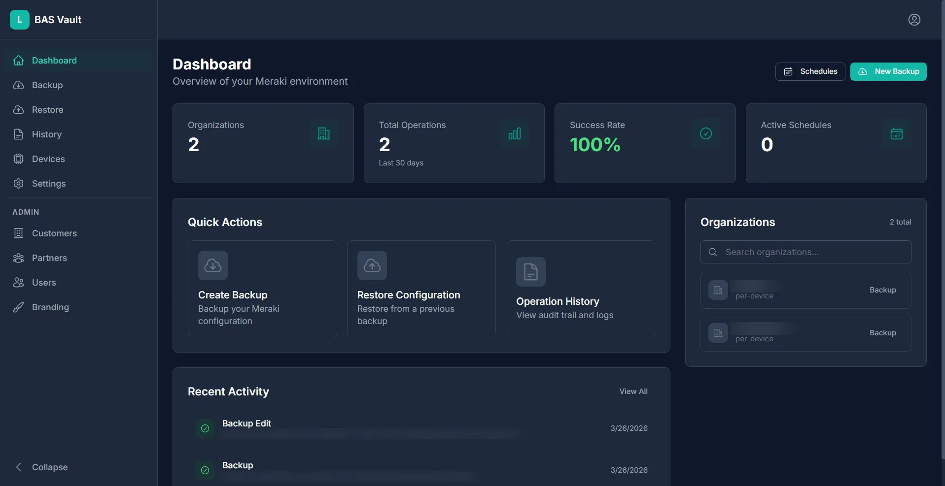 NET Backup Vault | Full network configuration backup dashboard showing 19+ Meraki config types